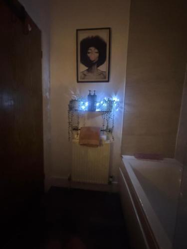 a bathroom with a picture of a woman on the wall at NEWLY REFURBISHED NOV 2025 Chic City Stay In Jesmond Apartment in Jesmond
