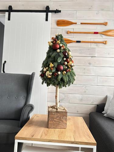 a christmas tree on a wooden table in a living room at Apartament w Słupsku centrum bezpłatny parking in Słupsk