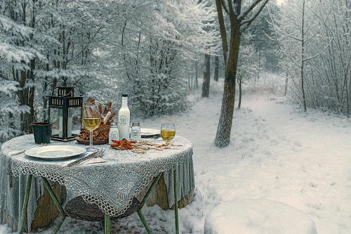 科瓦斯纳Forest Hide Tiny House的雪地里一张桌子，上面摆着酒瓶和酒杯。