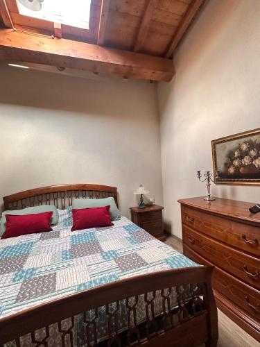 a bedroom with a large bed with red pillows at iL CASALE DI ROCCO in Castel SantʼAngelo
