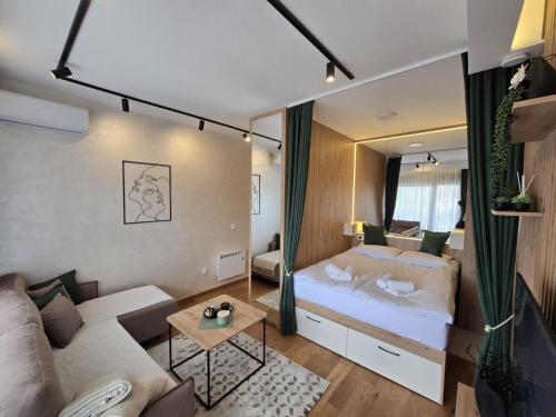ズラティボールにあるApartmani Balkan Squareのベッドとソファのある小さな部屋