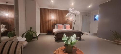 ein Schlafzimmer mit einem Bett und einem Tisch mit einer Pflanze in der Unterkunft Southern Right Guest House in Gansbaai