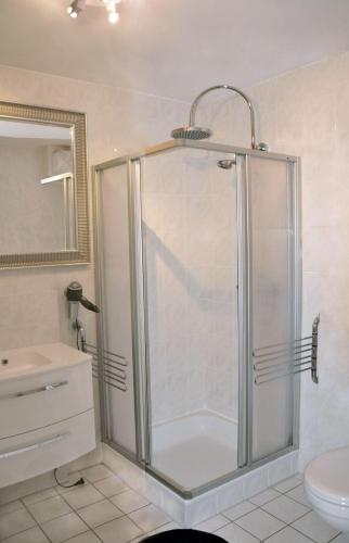 a shower with a glass door in a bathroom at NTBM36002-FeWo-Kiekut in Neue Tiefe Fehmarn