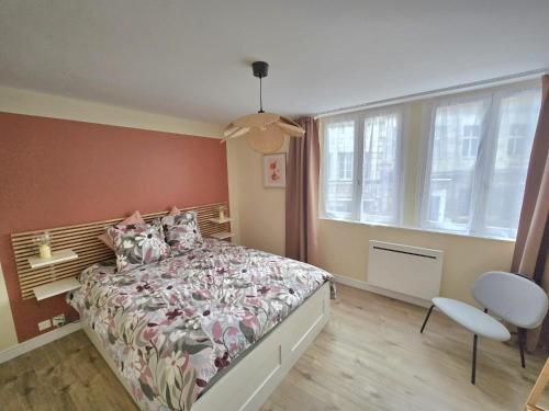 a bedroom with a bed and a chair and windows at Charmant T2- Besançon hyper centre in Besançon