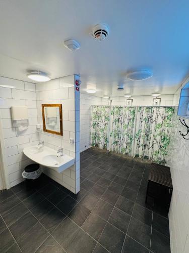 a bathroom with a sink and a mirror at Kittelfjäll Vandrarhem in Kittelfjäll