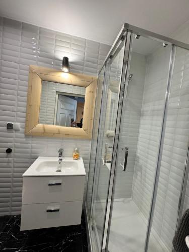 une salle de bain avec lavabo et douche dans l'établissement Siwa Skała, à Kościelisko