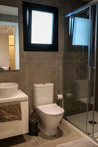 a bathroom with a toilet and a sink and a shower at Luxe One Residence in Aglantzia