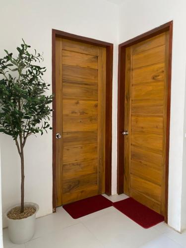 Dos puertas de madera en una habitación con un árbol en maceta. en Villa Talisay Ocean View, en Samal