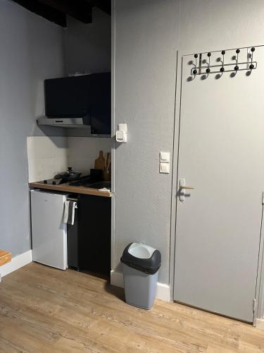a small kitchen with a door and a trash can at Studio Bourgogne 30 in Orléans