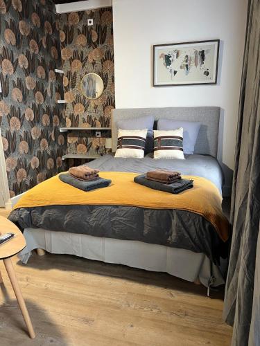 a bedroom with a bed with a yellow blanket at Studio Bourgogne 30 in Orléans