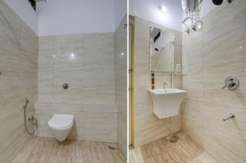 two pictures of a bathroom with a toilet and a sink at Hotel O Arena in Bhilai