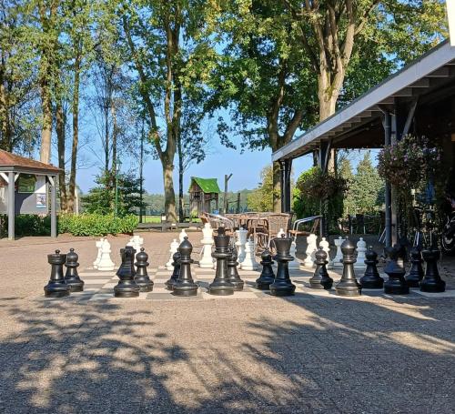 un jeu d'échecs géant posé au sol dans un parc dans l'établissement Geniet flink in de Appelvink, à Diffelen