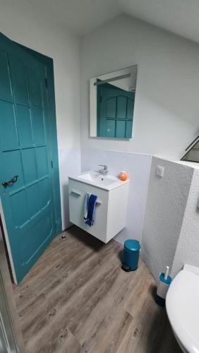a bathroom with a sink and a blue door at DOMAINE DES GRAVIERS in Plainfaing