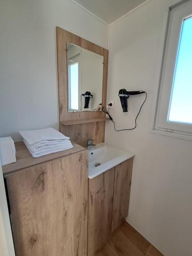 une salle de bain avec un lavabo en bois et un miroir dans l'établissement Suite Hôtel, à Le Temple-sur-Lot
