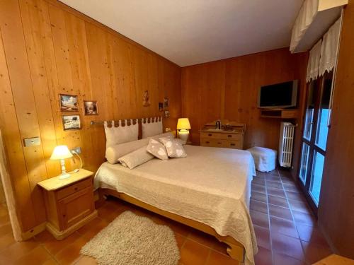 a bedroom with a large bed and a television at Bormio 5 min - Casa Simona with Wifi and FreePark in Valdisotto