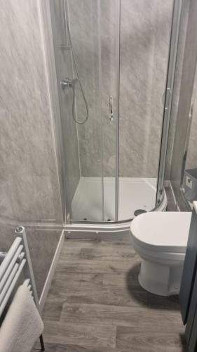 a bathroom with a shower and a toilet at Modern Studio Close to City Centre in Newcastle upon Tyne