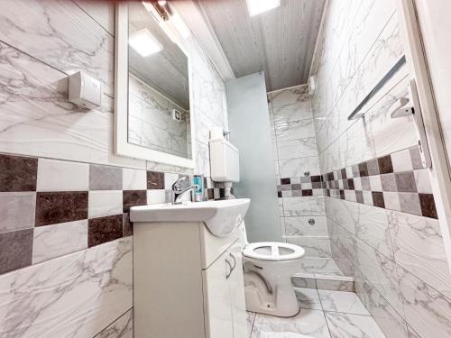ein weißes Badezimmer mit Toilette und Waschbecken in der Unterkunft Guest house Vila Bor in Novi Sad