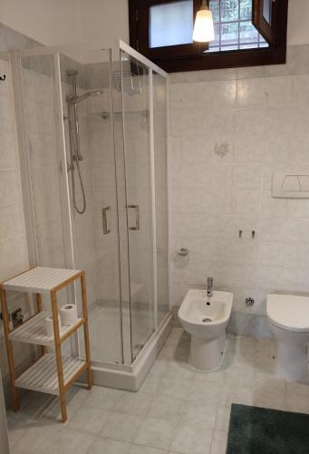 a bathroom with a shower and a toilet and a sink at Albachiara in Sacrofano