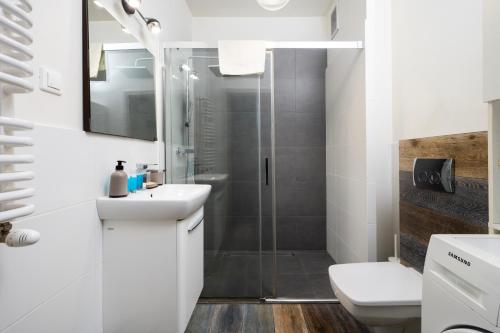 a bathroom with a shower and a sink and a toilet at Obywatelska Comfort Apartment by BookingHost in Łódź