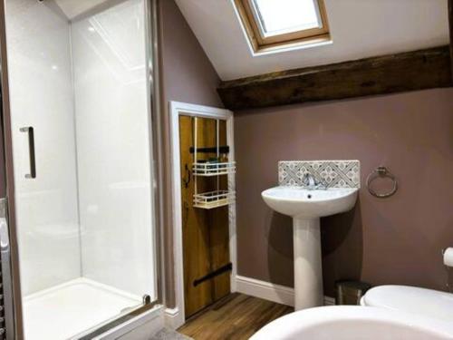 une salle de bain avec lavabo et douche dans l'établissement The Cottage at Sychnant Farm, à Talgarth