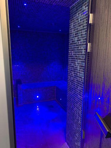 a blue shower in a bathroom with blue lights at H05 Par Sands in Tywardreath