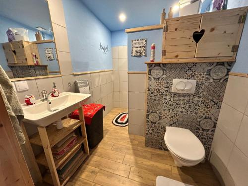 une petite salle de bain avec un lavabo et des toilettes dans l'établissement Tiny House at Sedliacky Dvor - Brezno, à Brezno