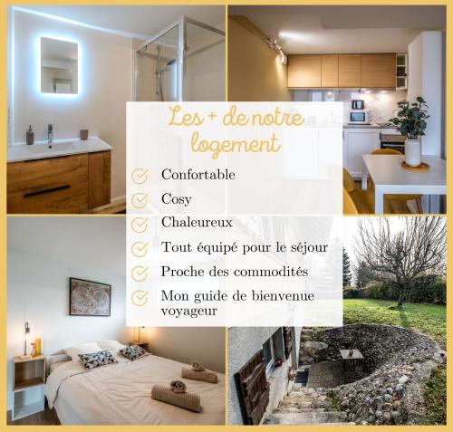 a collage of photos of a kitchen and a bedroom at Chez Anaïs I T1 I Sauverny in Sauverny