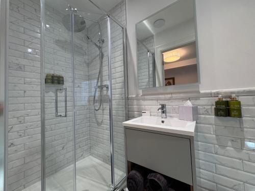 卡舍尔Cashel Regency Townhouse的浴室里有淋浴、洗手池和镜子。