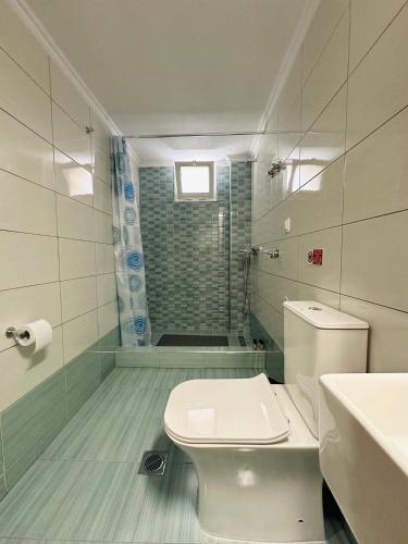 a bathroom with a toilet and a sink and a shower at ESTIA Dionysos in Drama