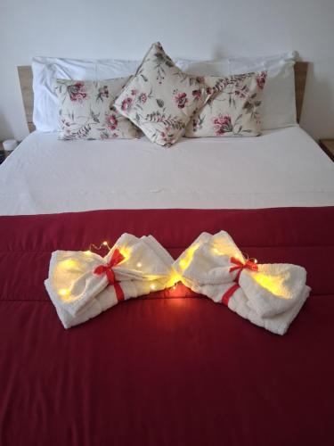 ein Bett mit zwei weißen Handtüchern, auf denen Lichter angebracht waren in der Unterkunft A Casa di Lucia-Appartamento Deluxe in Piedimonte San Germano