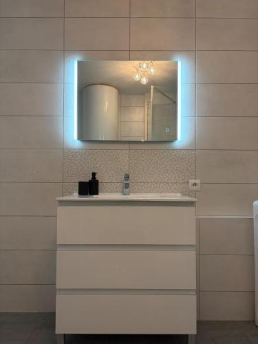 ein Badezimmer mit Waschbecken und Spiegel in der Unterkunft Le cocon in Hambach