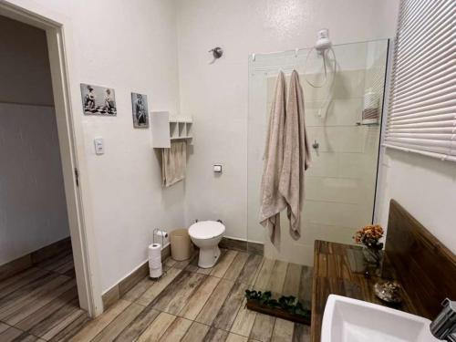 a bathroom with a toilet and a shower at Casa Matias in Socorro