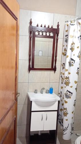 a bathroom with a sink and a mirror and a shower curtain at El gringo in Victoria
