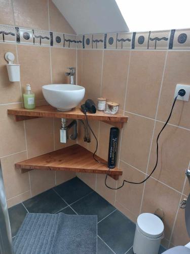 a bathroom with a sink and a toilet at Chambre Magnolias in Saint-Sauveur-dʼÉmalleville