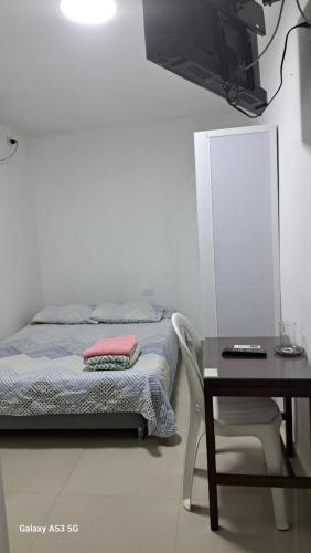 蒙特里亚Arriendo comfortables habitaciones amobladas por meses y días的一间卧室，里面有一张床和一张桌子和椅子