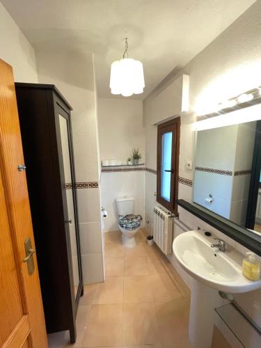 a bathroom with a toilet and a sink and a mirror at La Casa De Marta in Piedralaves