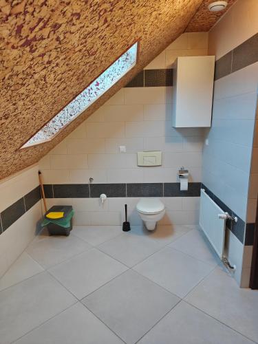 a bathroom with a white toilet and a ceiling at Zacisze Grojeckie in Grojec