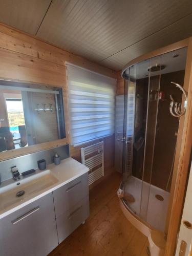 a bathroom with a shower and a sink and a mirror at La tête sous les étoiles in Lézignan-la-Cèbe