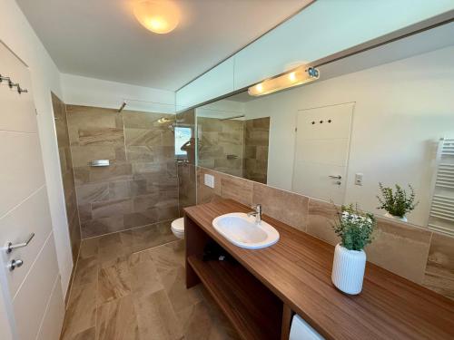 un baño con lavabo y espejo en Alpnova Homes - TOP 3, en Roppen