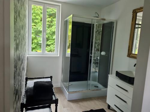 a bathroom with a shower and a glass cabinet at Chambres à la campagne La Tuilerie in Prêtreville