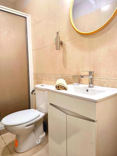 a bathroom with a toilet and a sink and a mirror at Old Town House Madeira in Funchal