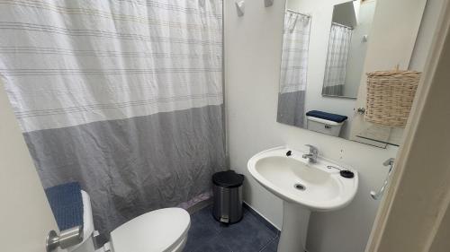 un bagno con un water bianco e un lavandino di Oceana Suites Los Maticos a Llanquihue