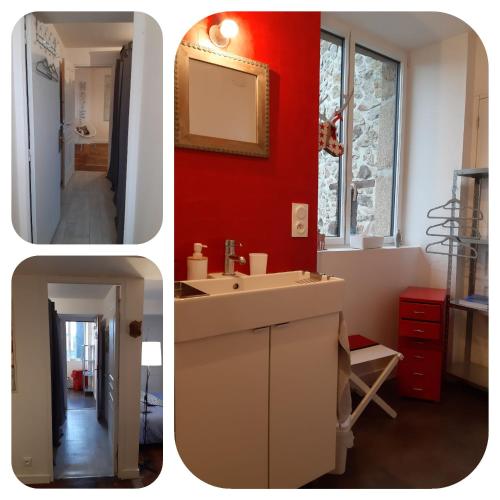 a bathroom with a sink and a red wall at Chambre d'hôtes dans maison de charme in La Gravelle