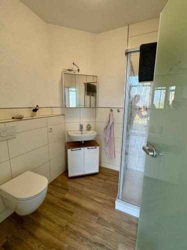 a bathroom with a toilet and a sink at Heuler beim Ochsenturm am Deich 