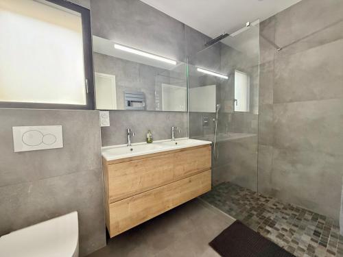 a bathroom with a sink and a shower at Villa Amara Piscine 7 personnes in Mios