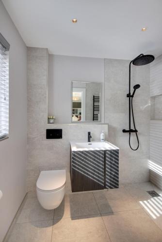 a bathroom with a toilet and a sink at Large Heated Pool with Countryside Views in Cowfold
