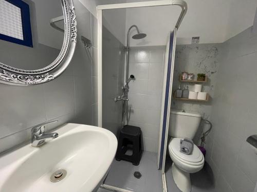 Un baño con lavabo, inodoro y espejo. en Anastasia Studios And Suites, en Vrachonisída touArchangélou