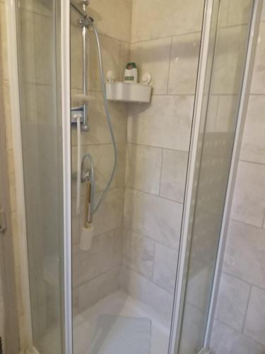 a shower with a glass door in a bathroom at Honor in London