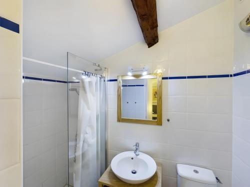 a bathroom with a sink and a mirror and a toilet at Gîte Ponpon - Les Petites Écuries in Marseillette
