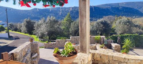 a stone wall with potted plants on a patio at Casa da Pedra - Alvados, Porto de Mós in Alvados